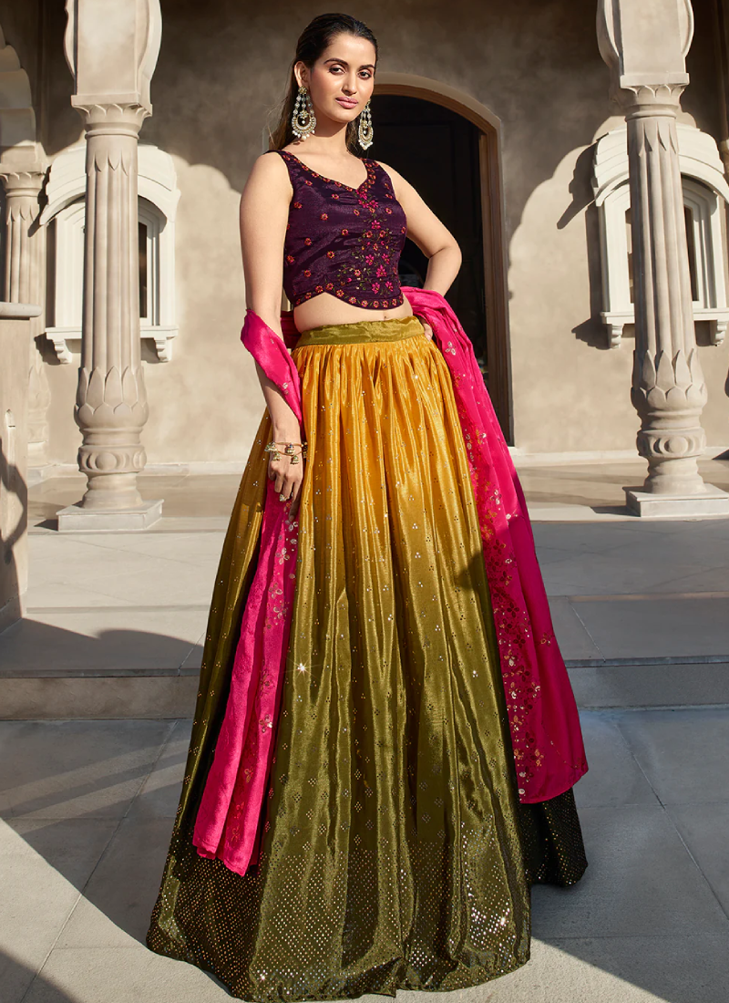 Mustard Olive Embroidered Chinon Silk Lehenga With Designer Choli