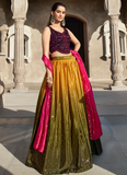 Mustard Olive Embroidered Chinon Silk Lehenga With Designer Choli