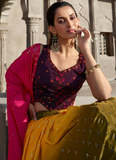 Mustard Olive Embroidered Chinon Silk Lehenga With Designer Choli