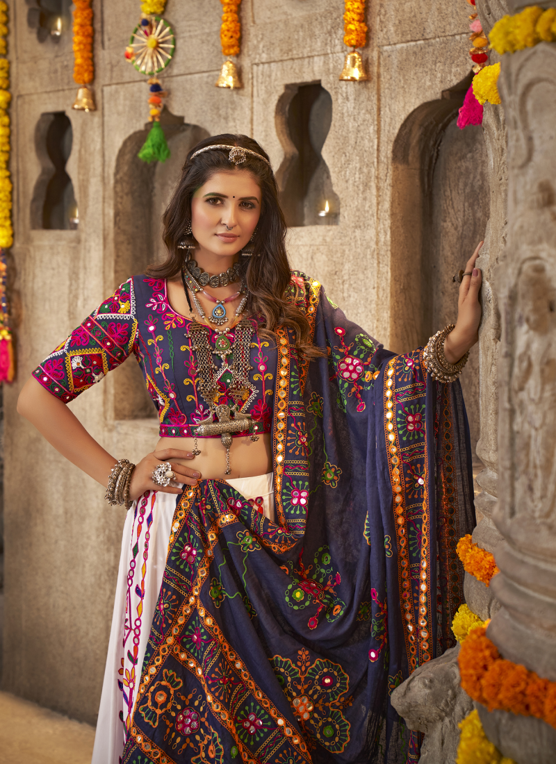 Navratri Special Viscose Rayon Embroidered White Lehenga Choli