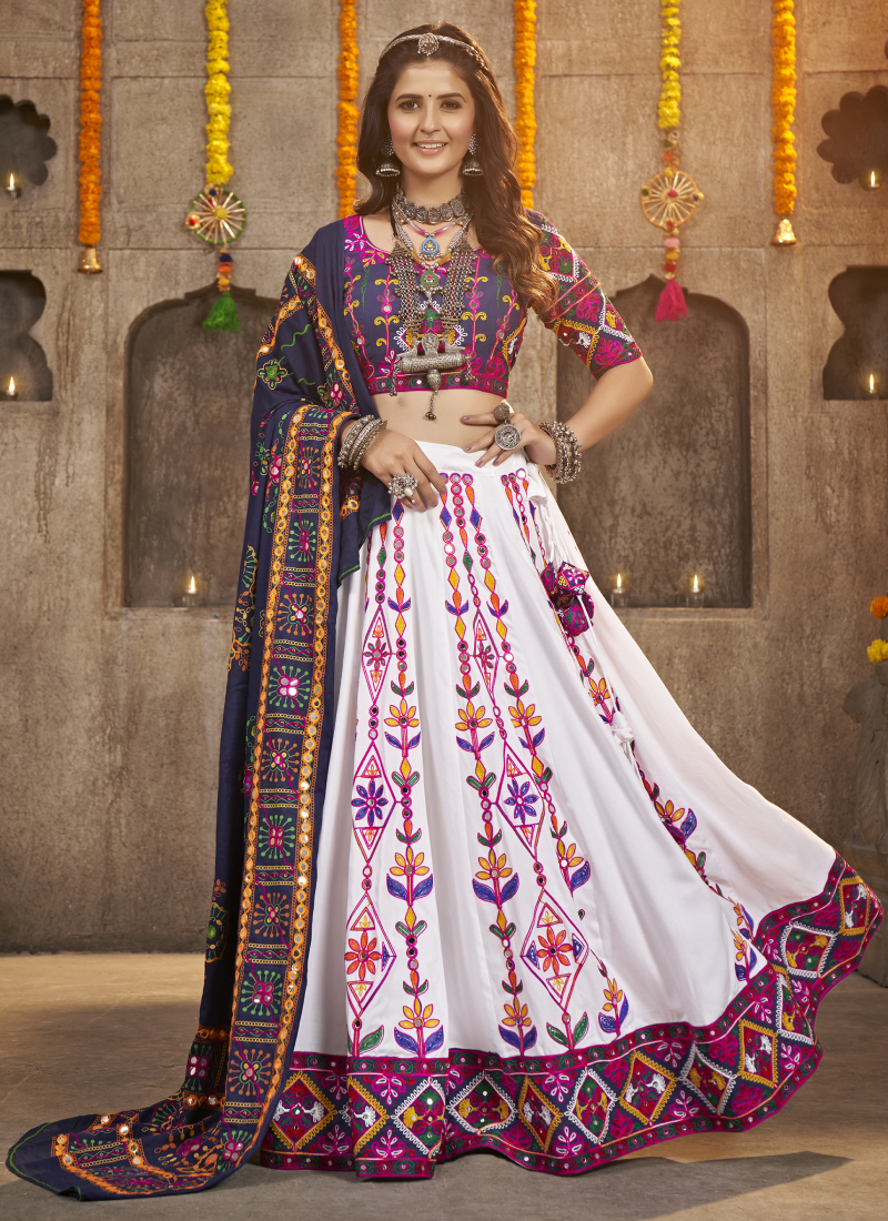 Navratri Special Viscose Rayon Embroidered White Lehenga Choli
