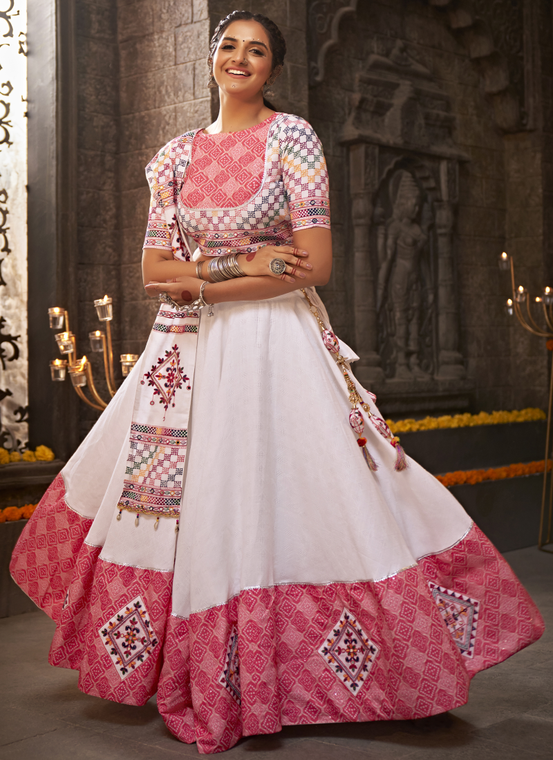 Navratri Special White Real Mirror Cotton Ghagra Choli