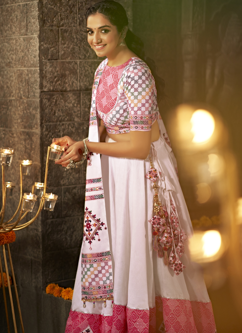 Navratri Special White Real Mirror Cotton Ghagra Choli