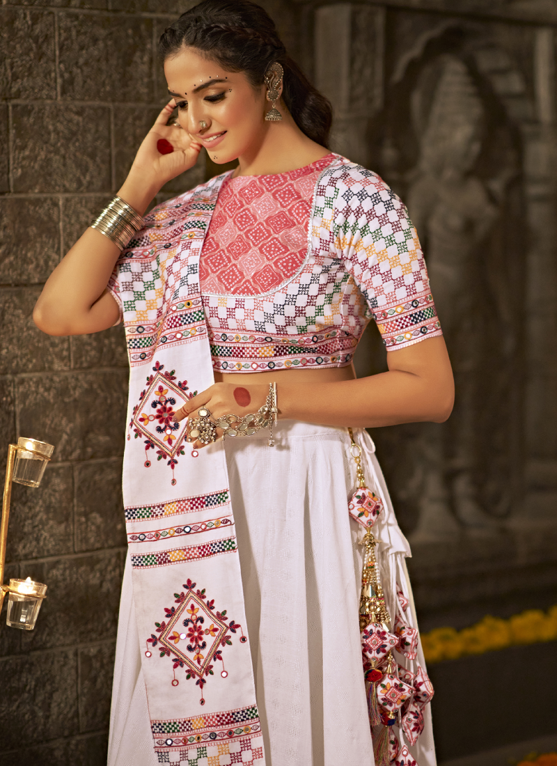 Navratri Special White Real Mirror Cotton Ghagra Choli