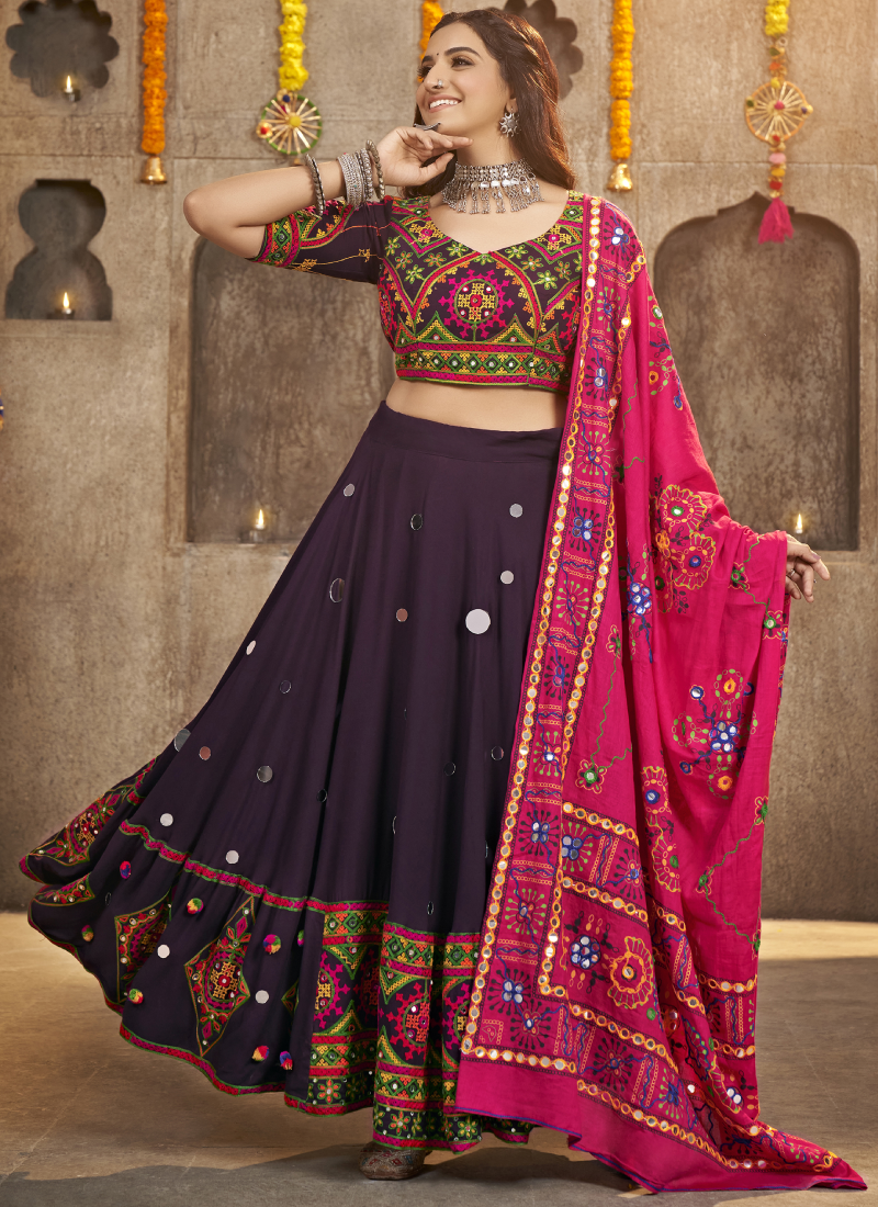 Navratri Wear Viscose Rayon All Over Work Purple Lehenga Choli