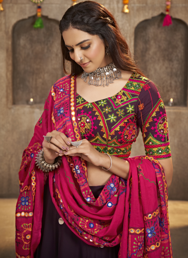 Navratri Wear Viscose Rayon All Over Work Purple Lehenga Choli