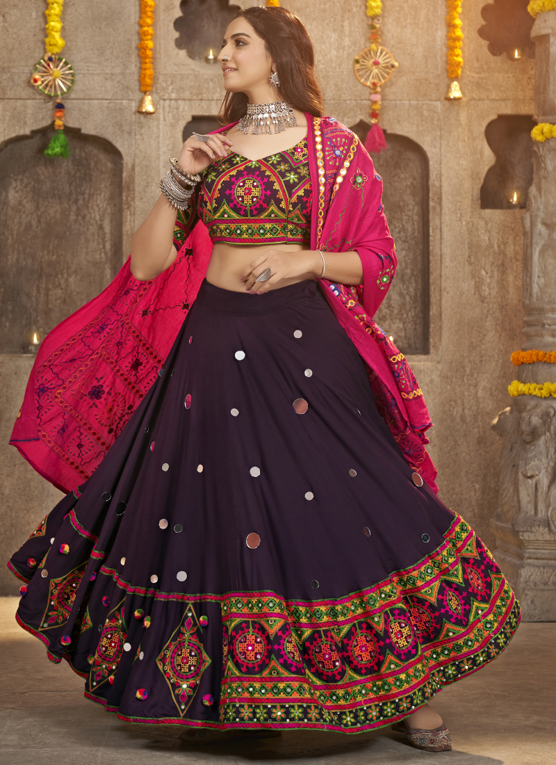 Navratri Wear Viscose Rayon All Over Work Purple Lehenga Choli