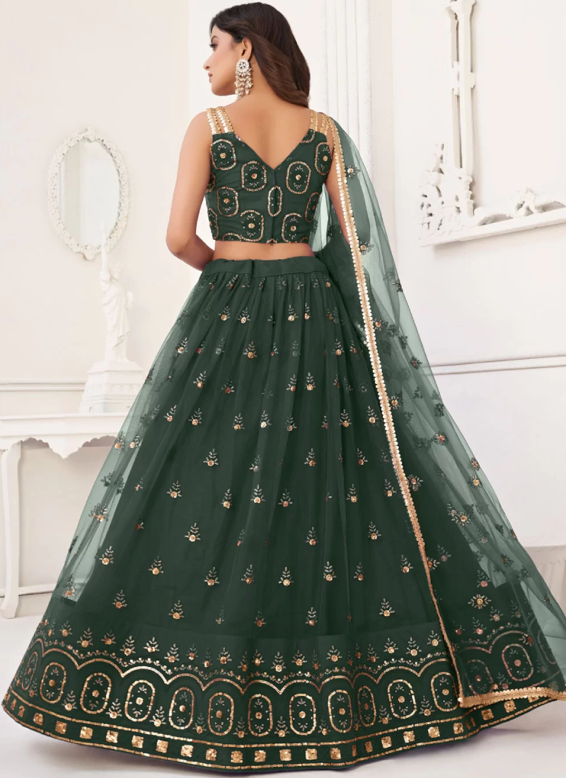 Mehendi Function Net Sequence Embroidered Green Lehenga Choli
