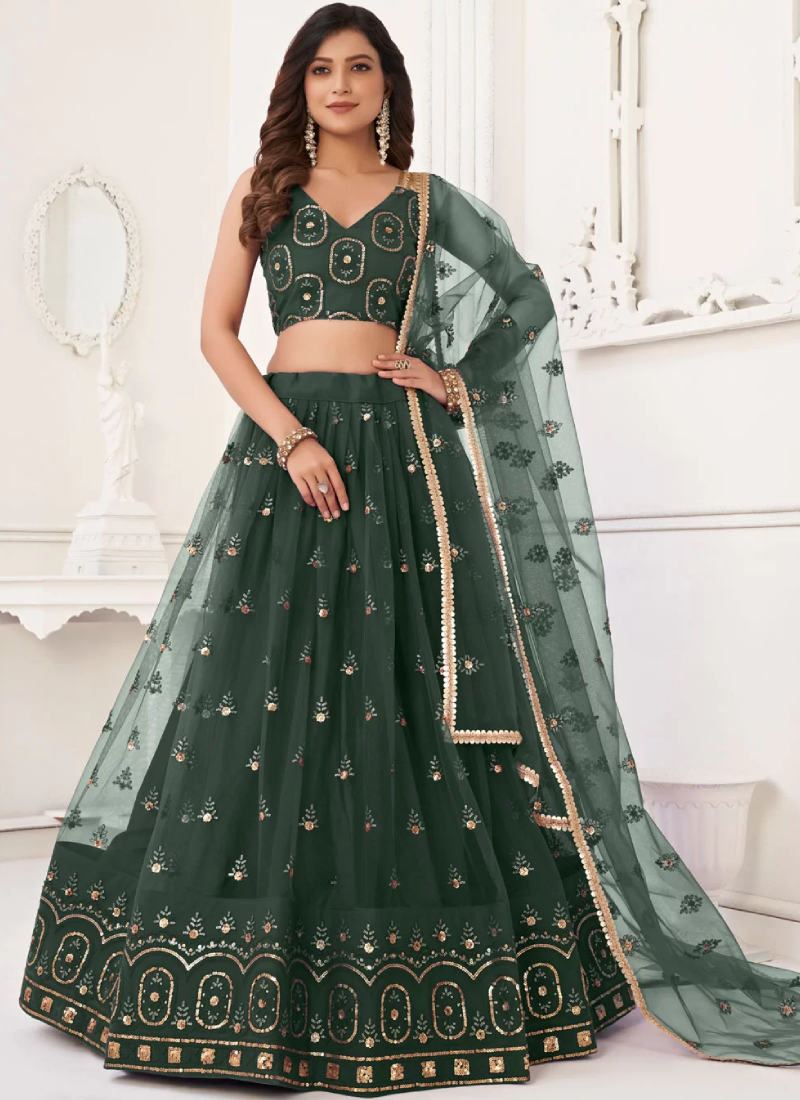 Mehendi Function Net Sequence Embroidered Green Lehenga Choli