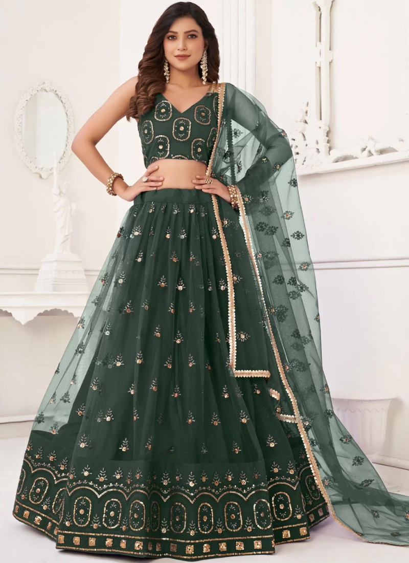 Mehendi Function Net Sequence Embroidered Green Lehenga Choli