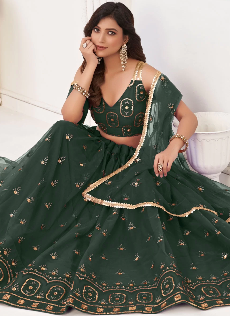 Mehendi Function Net Sequence Embroidered Green Lehenga Choli