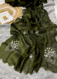 Elegant Olive green Jimmy choo party wear handwork and cutdana saree