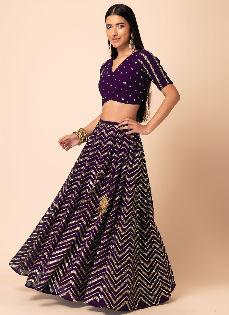 Purple Designer Georgette Lehenga choli with sequin and zari embroidery.