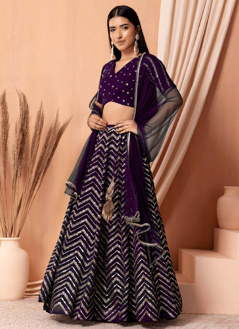 Purple Designer Georgette Lehenga choli with sequin and zari embroidery.