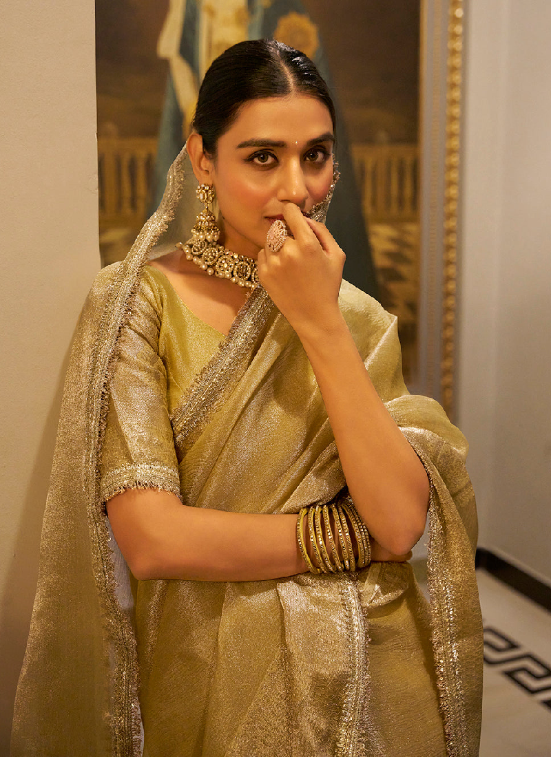 Gorgeous Gold Tissue shimmer saree with zari weaving and sequin lace