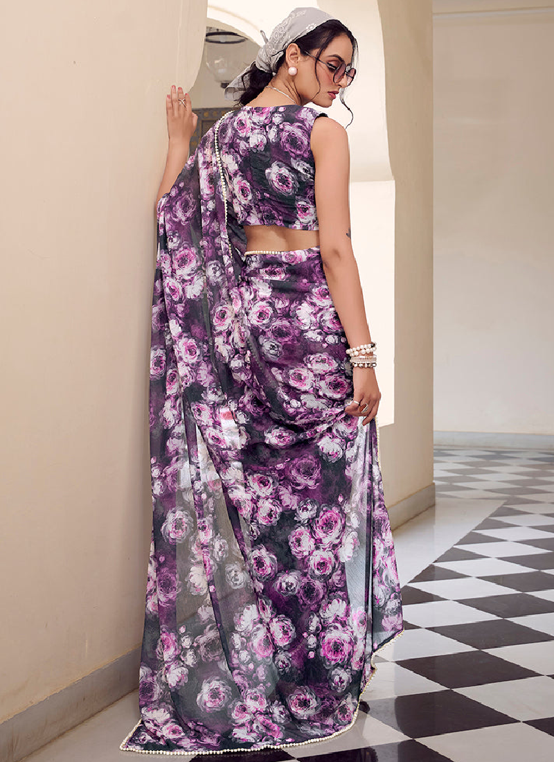 Beautiful grey marble georgette saree with allover floral print.