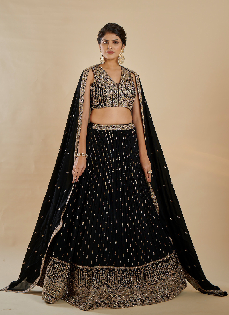 Alluring Black georgette Lehenga with sequin thread embroidery comes with a  designer blouse.