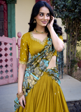 Amazing Musturd Yellow SIlk lehenga choli with sequin embroidery and kalamkari print border