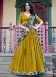 Amazing Musturd Yellow SIlk lehenga choli with sequin embroidery and kalamkari print border