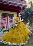 Amazing Musturd Yellow SIlk lehenga choli with sequin embroidery and kalamkari print border