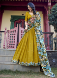 Amazing Musturd Yellow SIlk lehenga choli with sequin embroidery and kalamkari print border