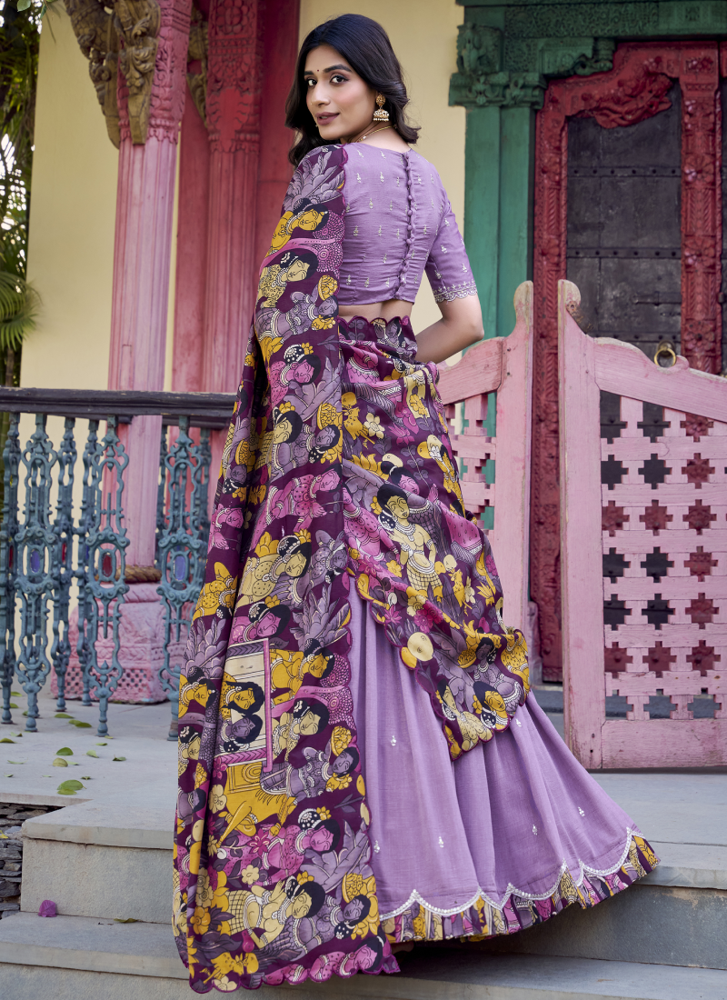 Alluring Lavender SIlk lehenga choli with sequin embrodiery and kalamkari print border.