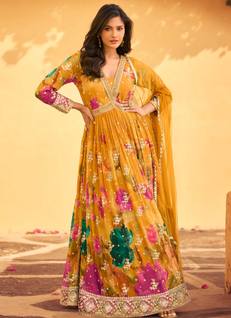 Beautiful Haldi long gown with floral digital print and embroidery