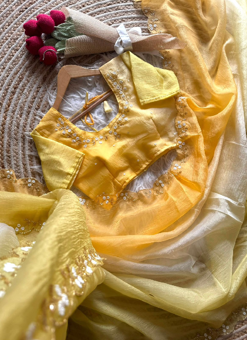 Designer Shaded Crunch Silk saree with handwork.