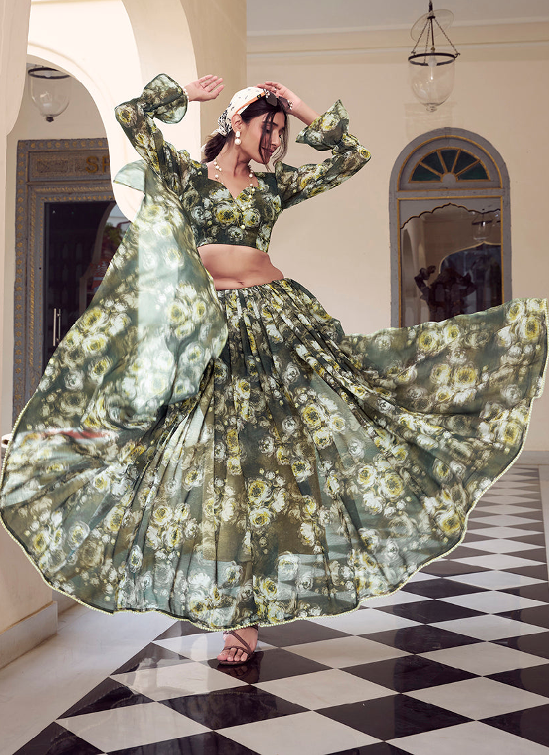Mehendi green Marble georgette saree with floral digital print and pearl border.