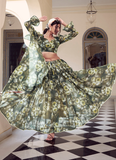 Mehendi green Marble georgette saree with floral digital print and pearl border.