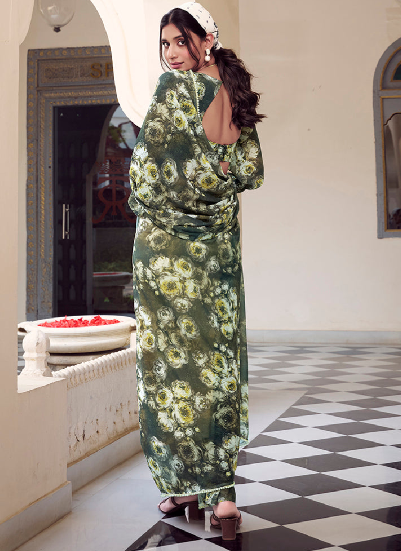 Mehendi green Marble georgette saree with floral digital print and pearl border.