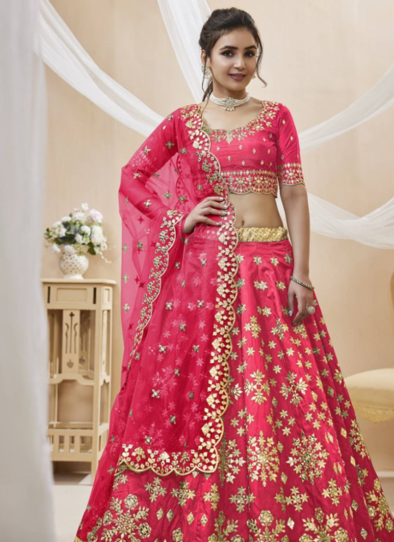 Paper Mirror Work Pink Mulberry Silk Lehenga Choli For Wedding