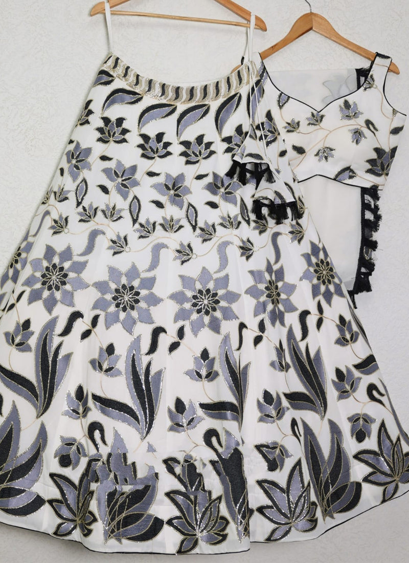 Party Wear Georgette Sequence Work White Lehenga Choli Set