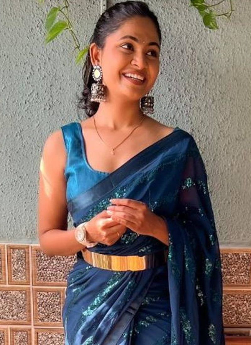Party Wear Sequence Embroidery Teal Blue Saree With Blouse