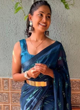 Party Wear Sequence Embroidery Teal Blue Saree With Blouse