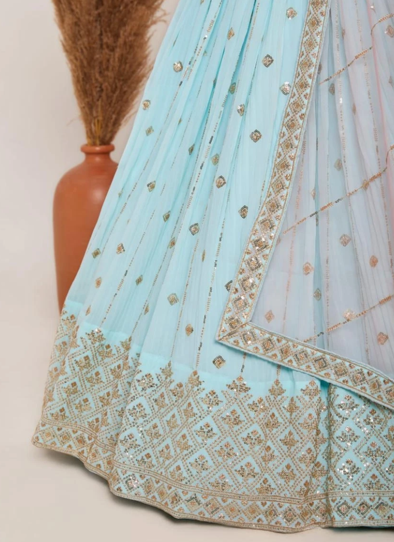 Party Wear Sky Blue Sequence Work Crush Georgette Lehenga Choli