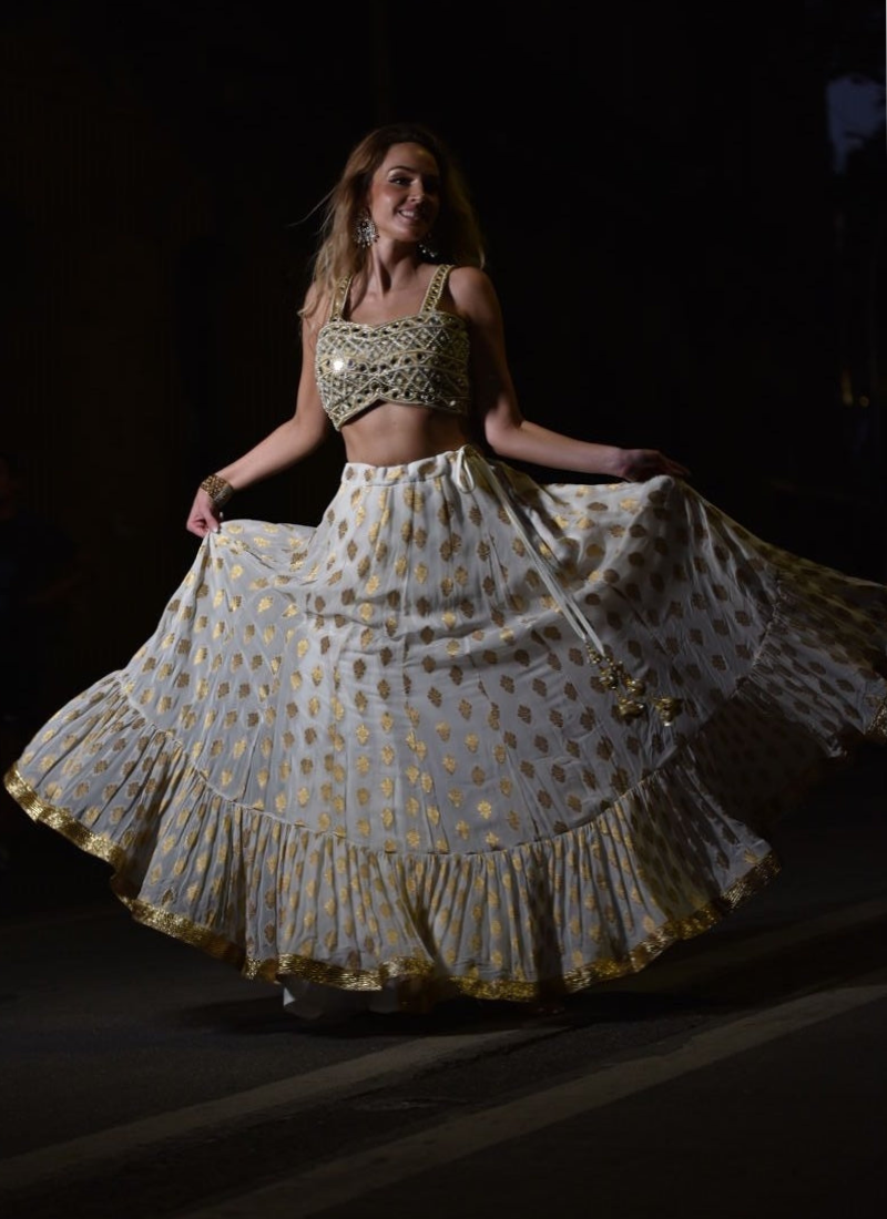 Attractive White Georgette Zari Weaving Ruffle Lehenga Choli