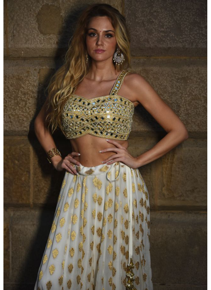 Attractive White Georgette Zari Weaving Ruffle Lehenga Choli