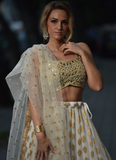 Attractive White Georgette Zari Weaving Ruffle Lehenga Choli