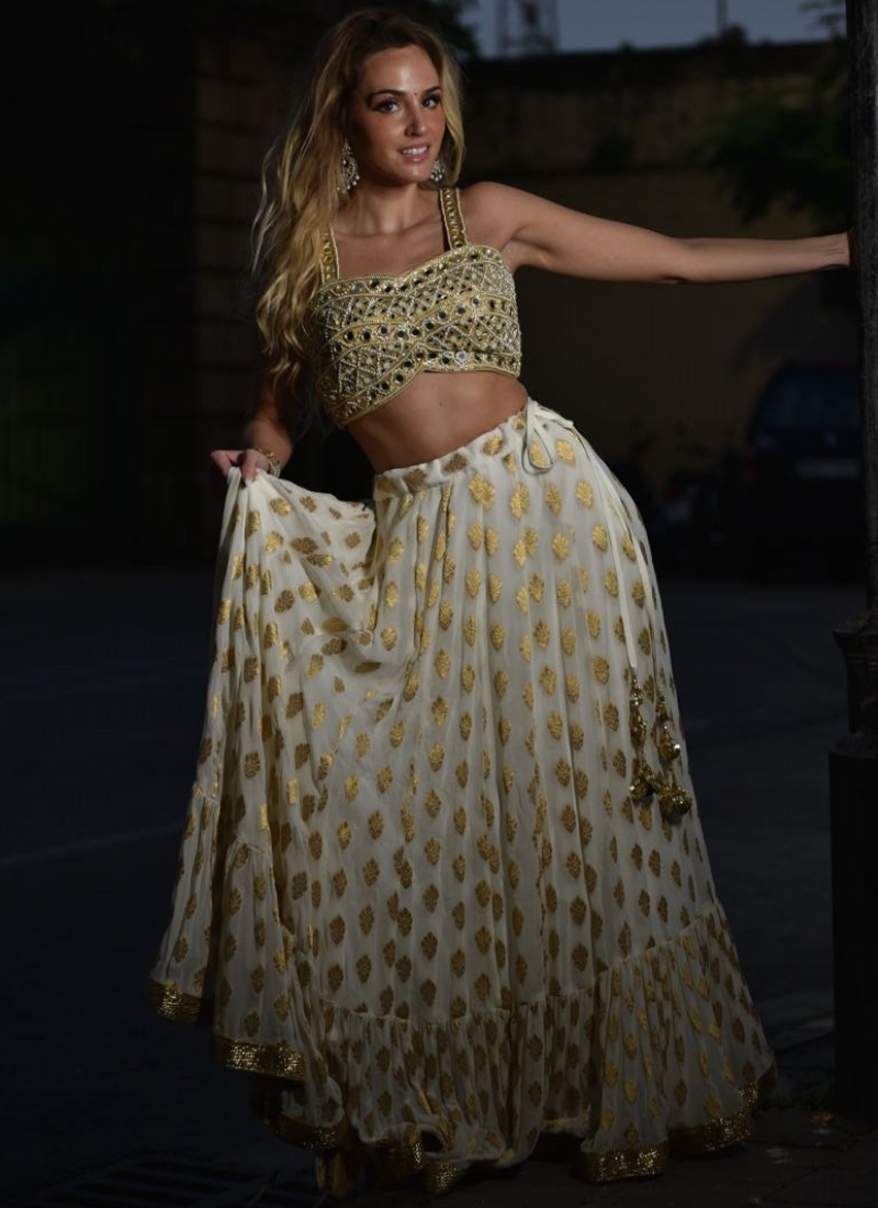 Attractive White Georgette Zari Weaving Ruffle Lehenga Choli