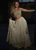 Attractive White Georgette Zari Weaving Ruffle Lehenga Choli