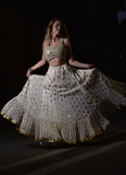 Attractive White Georgette Zari Weaving Ruffle Lehenga Choli