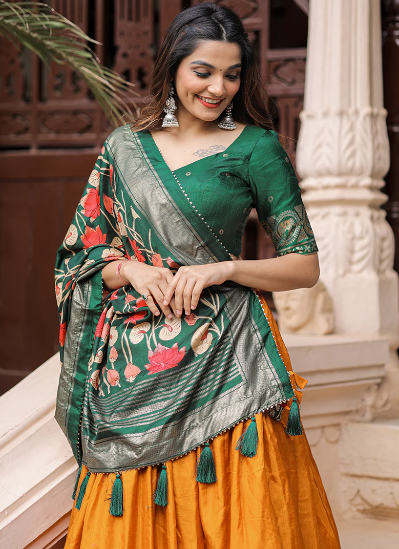 Patola Printed Mustard Yellow Dola Silk Lehenga Choli