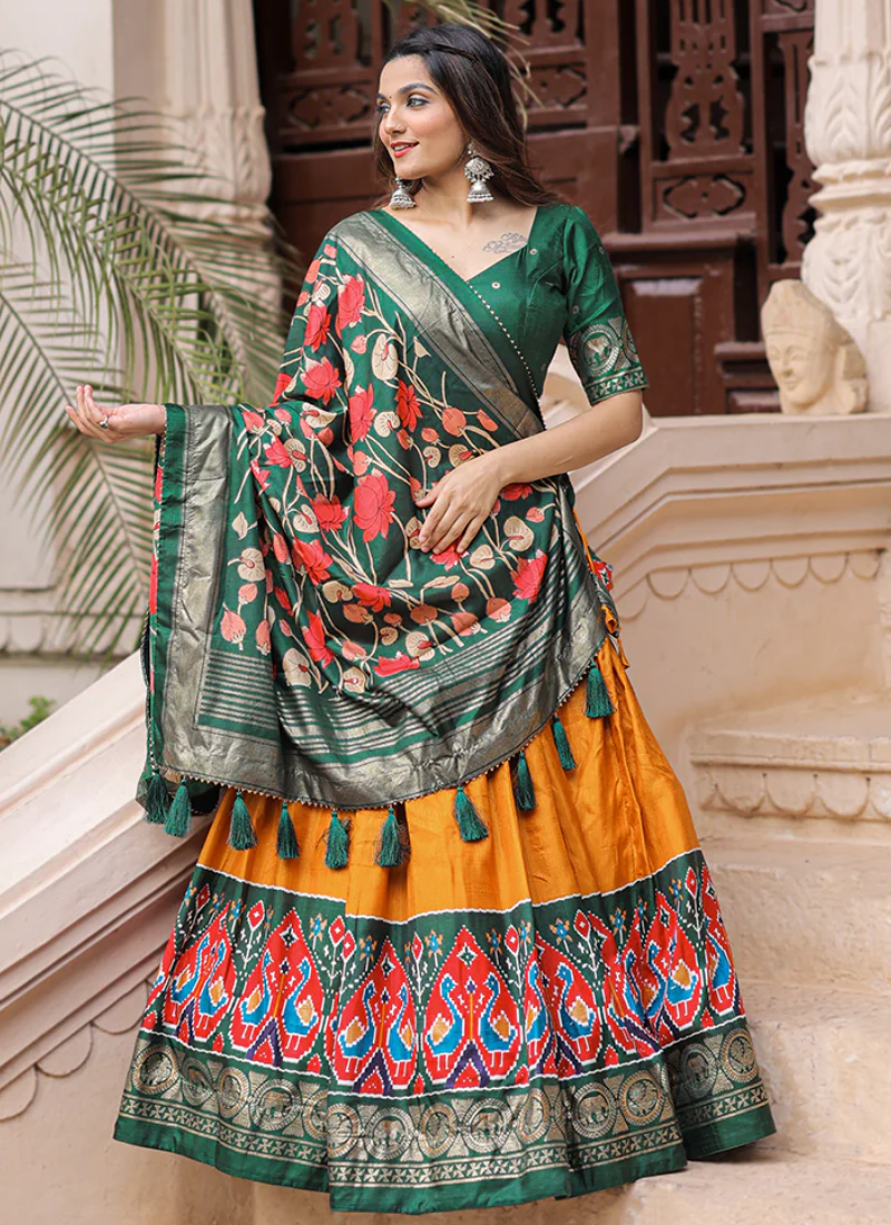 Patola Printed Mustard Yellow Dola Silk Lehenga Choli