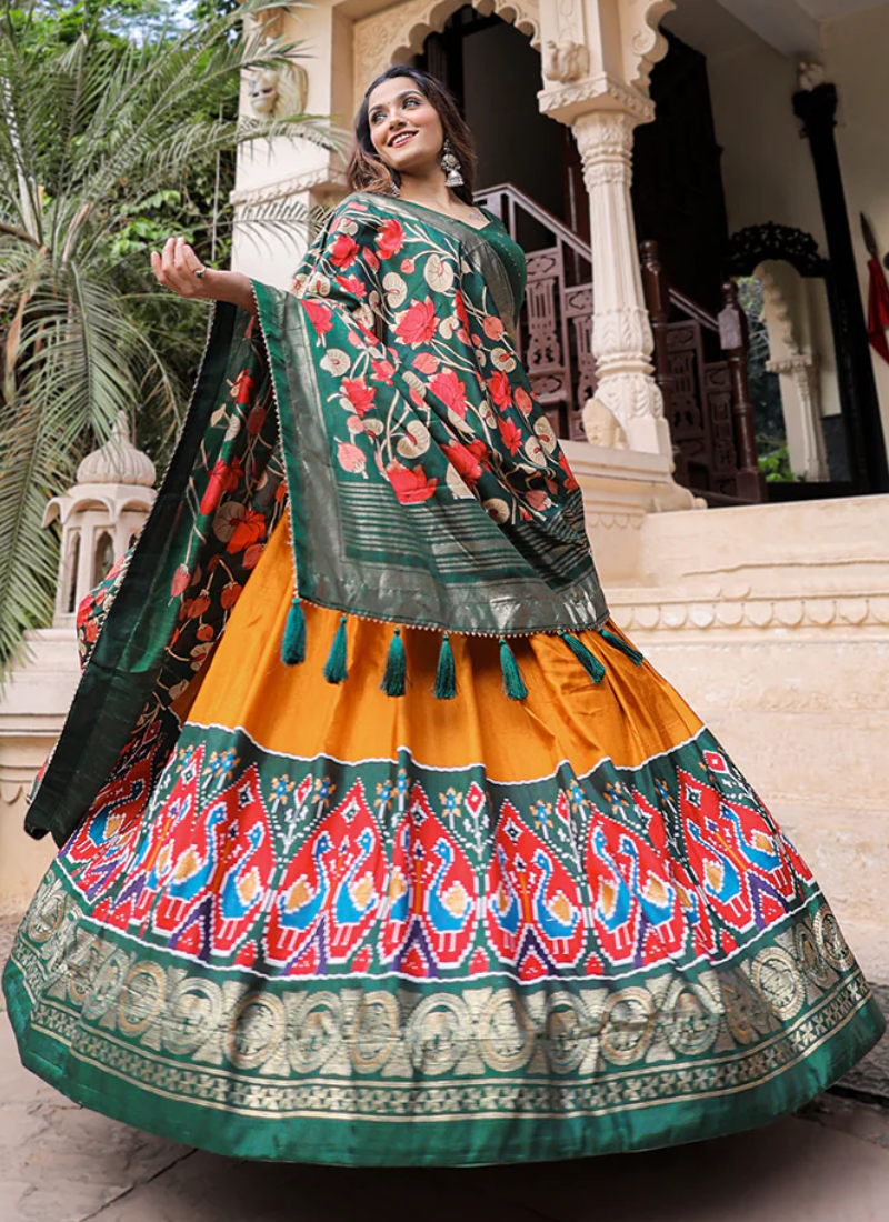 Patola Printed Mustard Yellow Dola Silk Lehenga Choli