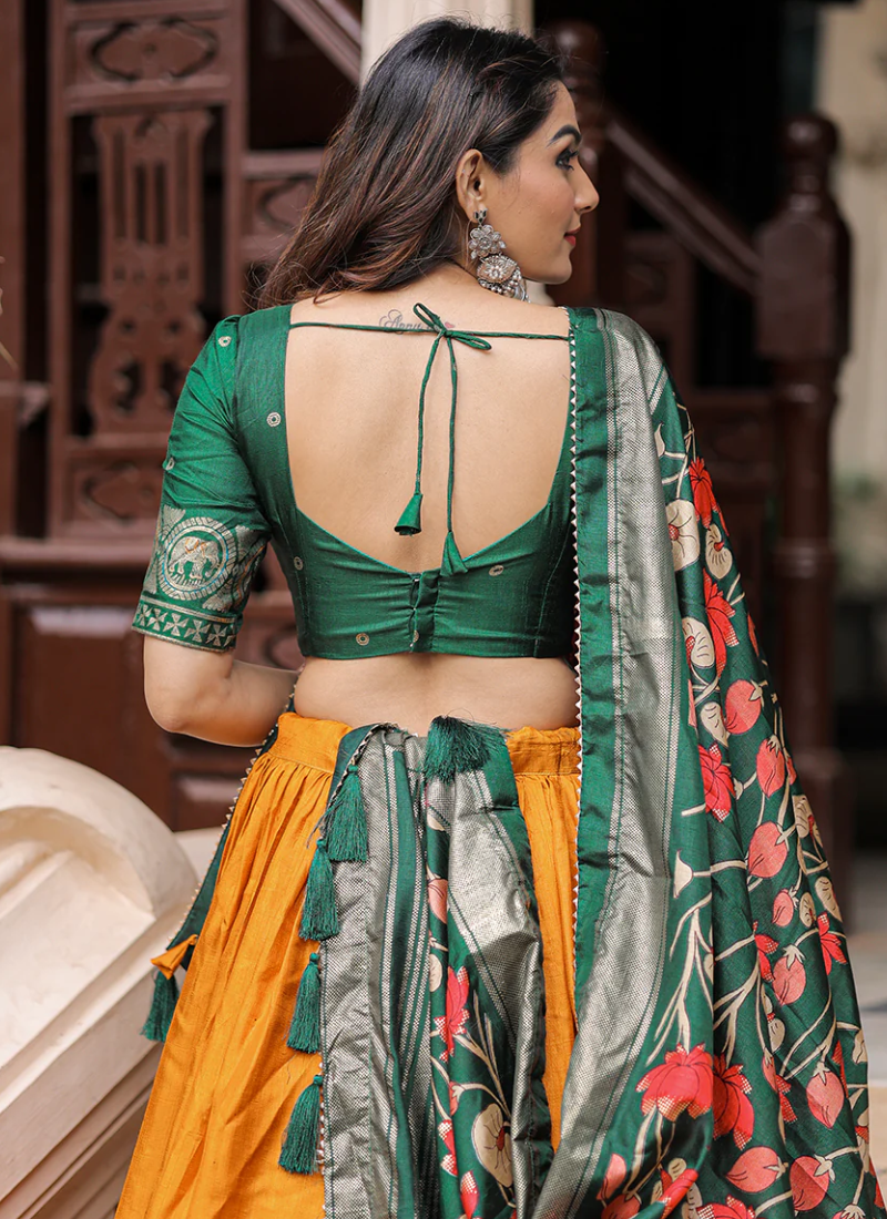 Patola Printed Mustard Yellow Dola Silk Lehenga Choli