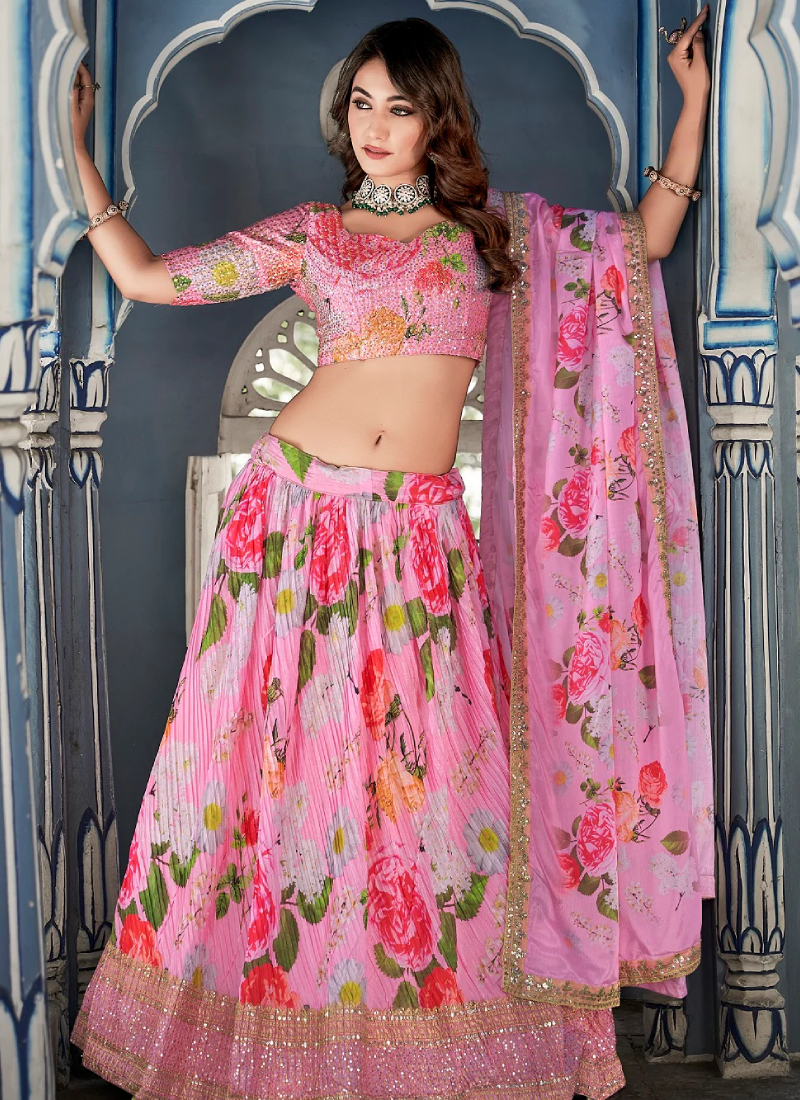 Pink Crushed Chinon Thread Embroidered Work Lehenga Choli