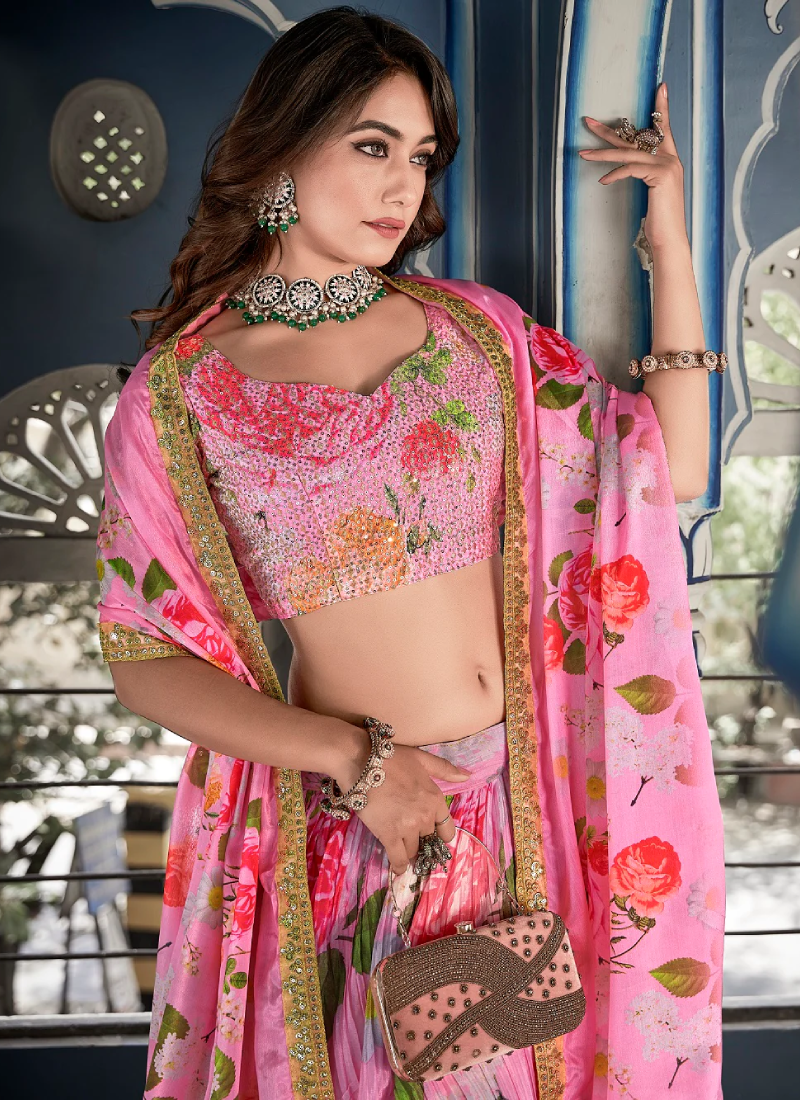 Pink Crushed Chinon Thread Embroidered Work Lehenga Choli