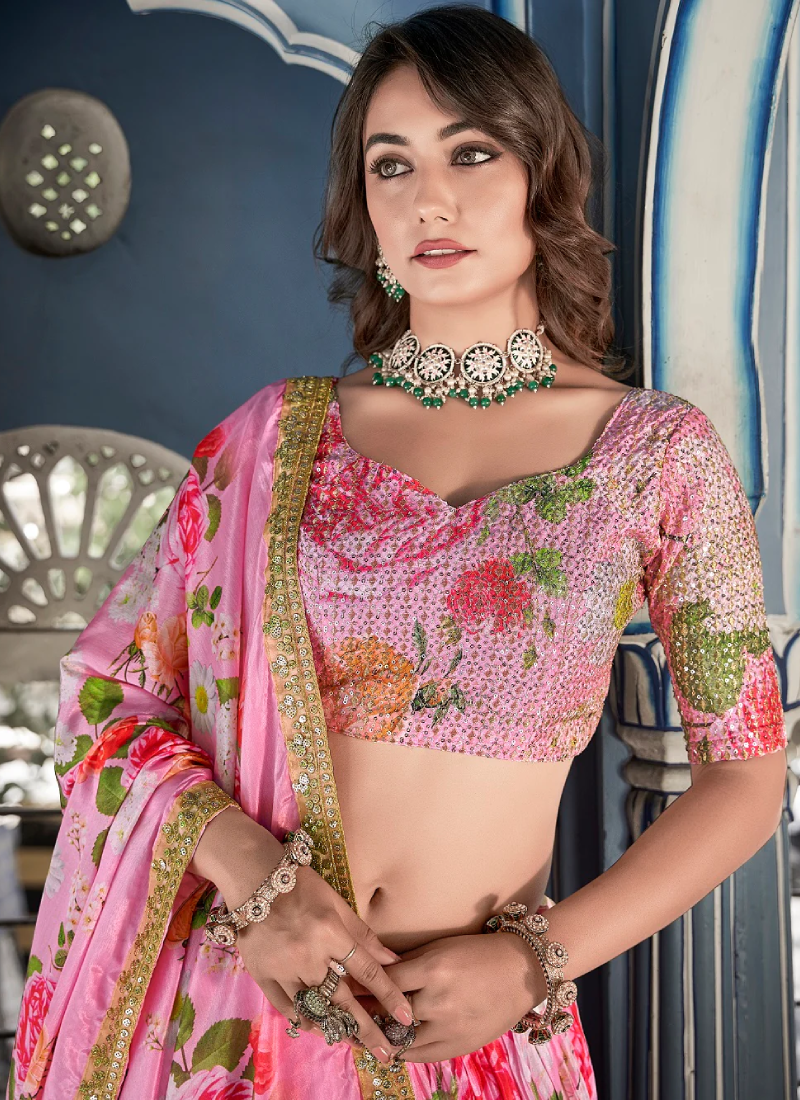 Pink Crushed Chinon Thread Embroidered Work Lehenga Choli