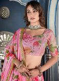 Pink Crushed Chinon Thread Embroidered Work Lehenga Choli